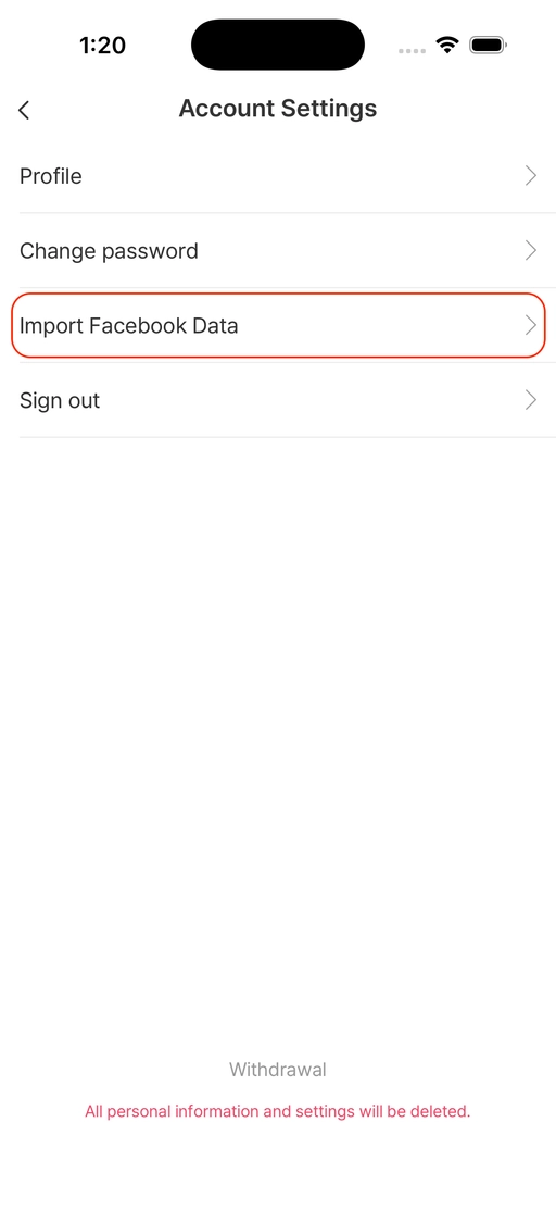 Account Settings screen with Import Facebook Data highlighted