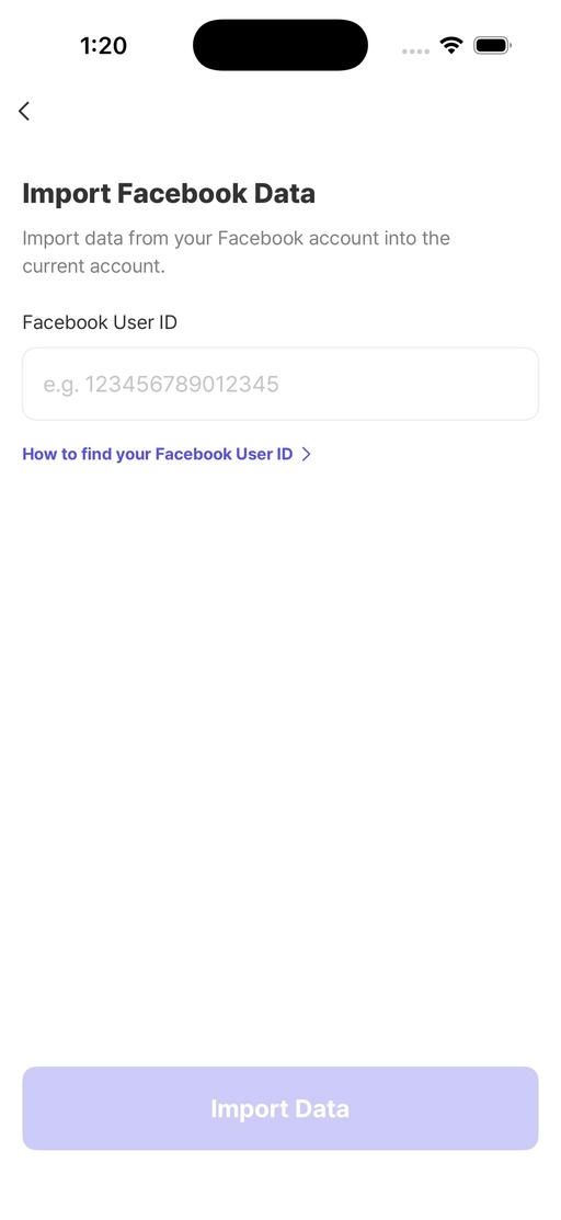 Import Facebook Data screen with the Facebook User ID field
