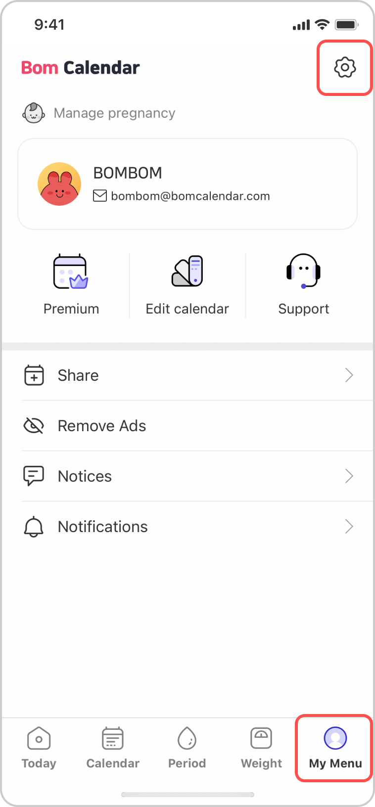 Settings icon at the top of My Menu