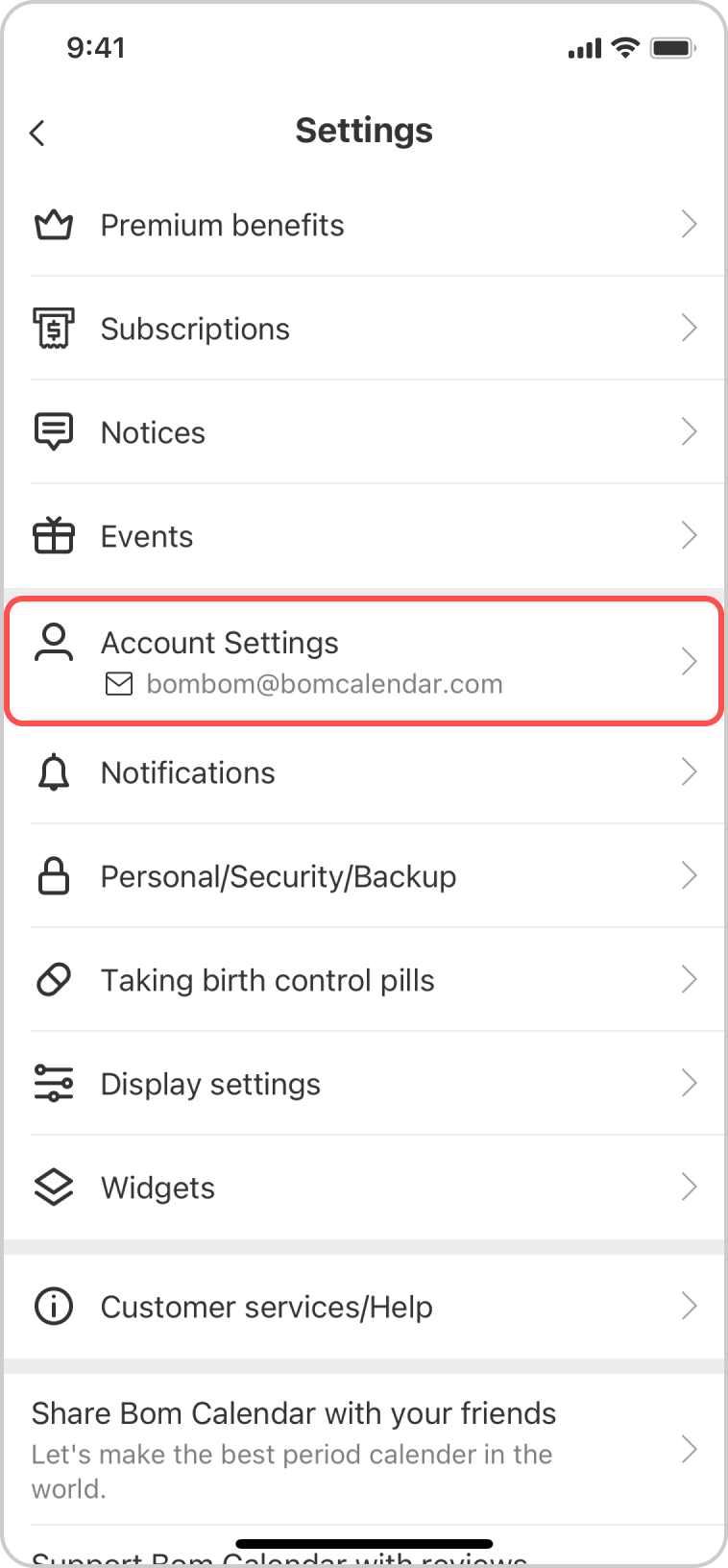 Account Settings item on the Settings screen