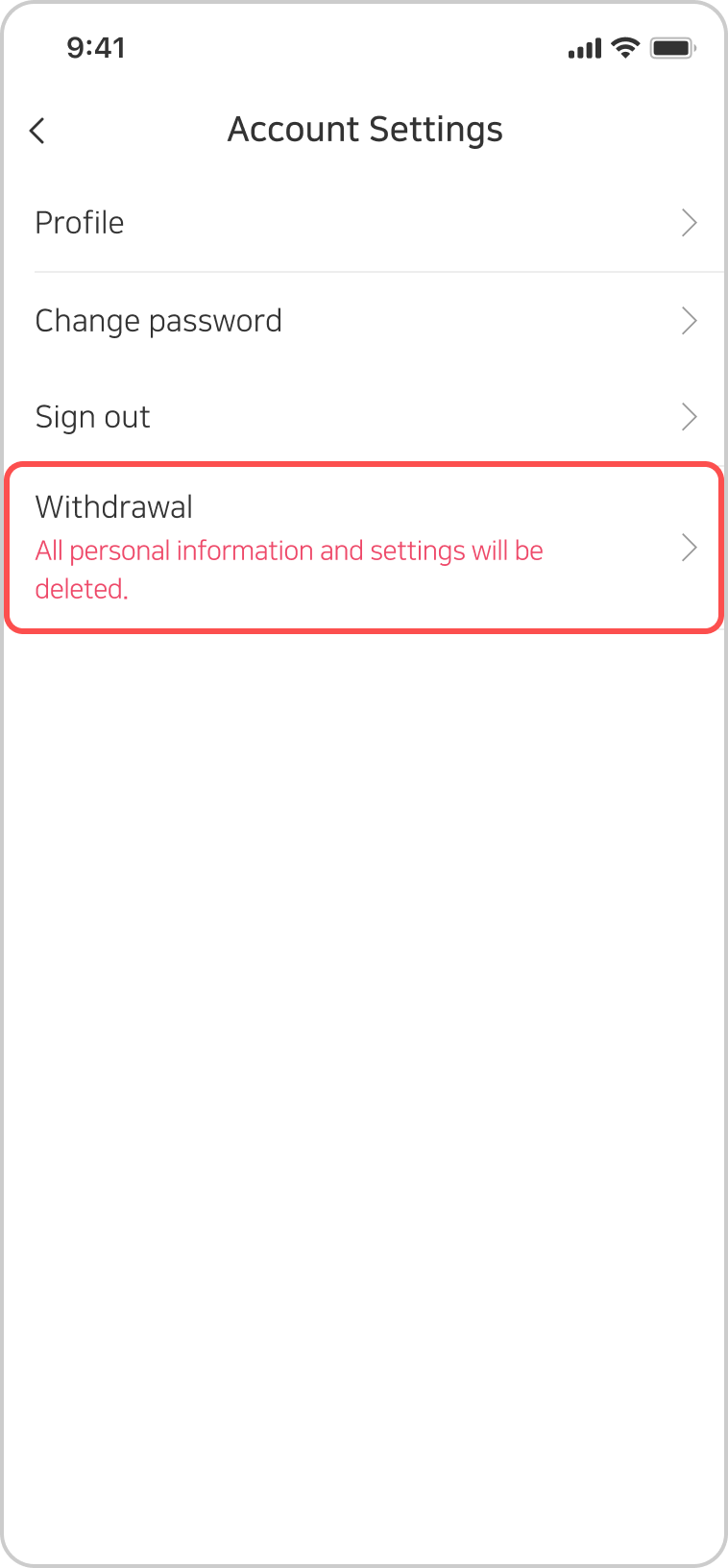 Withdrawal item on the Account Settings screen