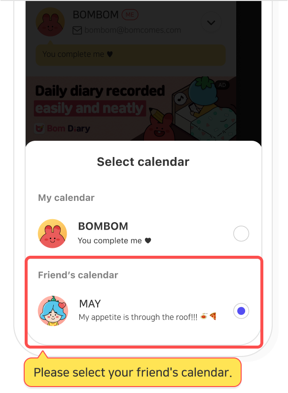 Friend calendar selection list