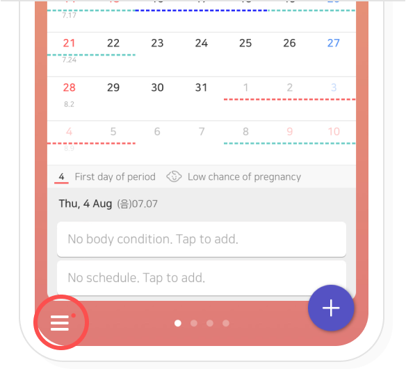 Side-menu button at the bottom left of the calendar