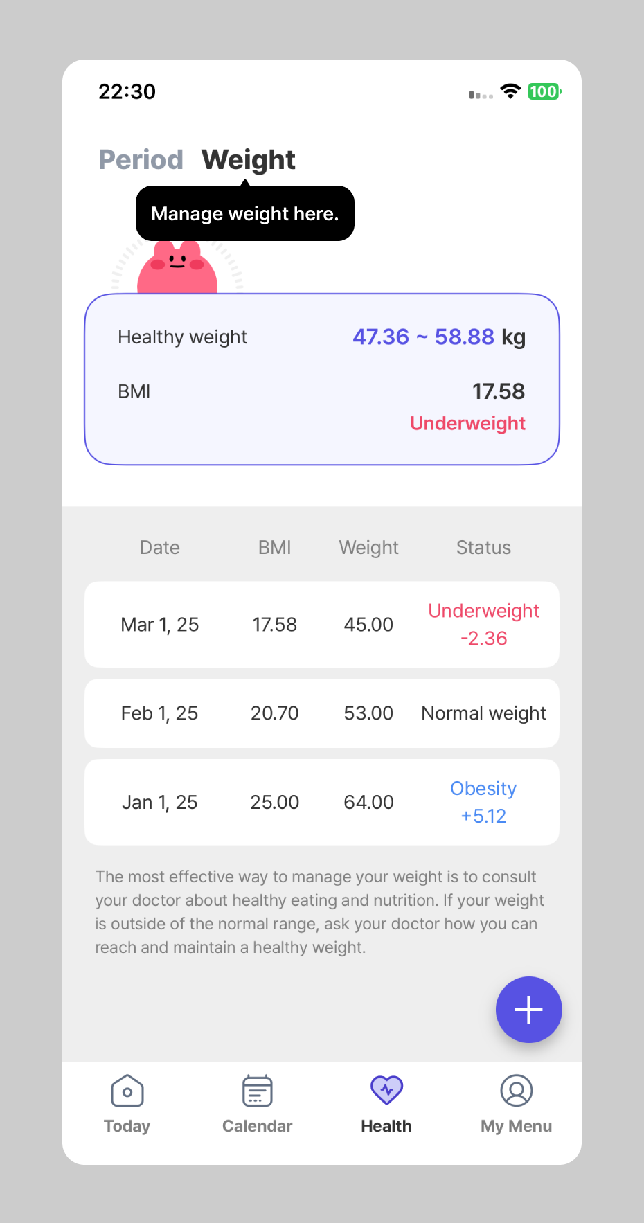 Period and Weight tabs at the top of the Health screen