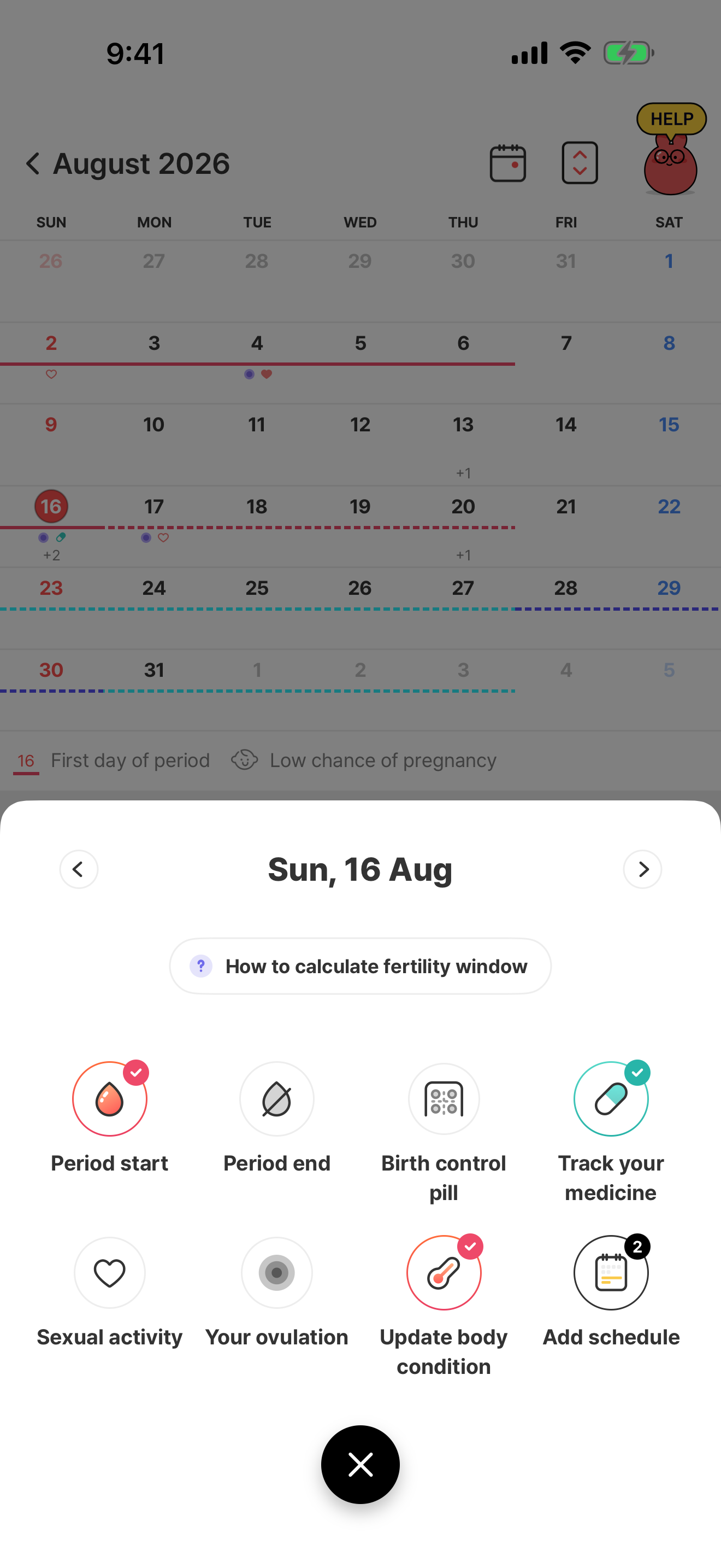 Record menu with Period start shown as active