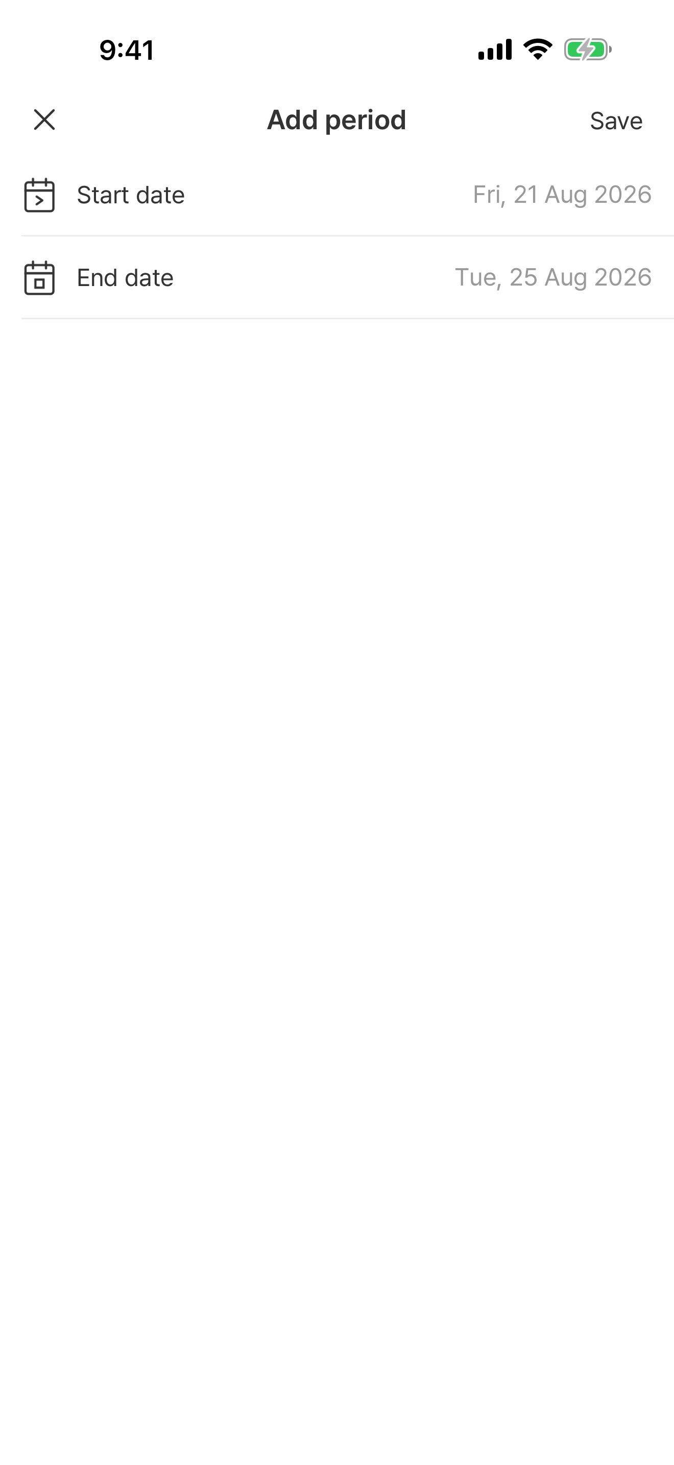 Add period screen with start and end dates