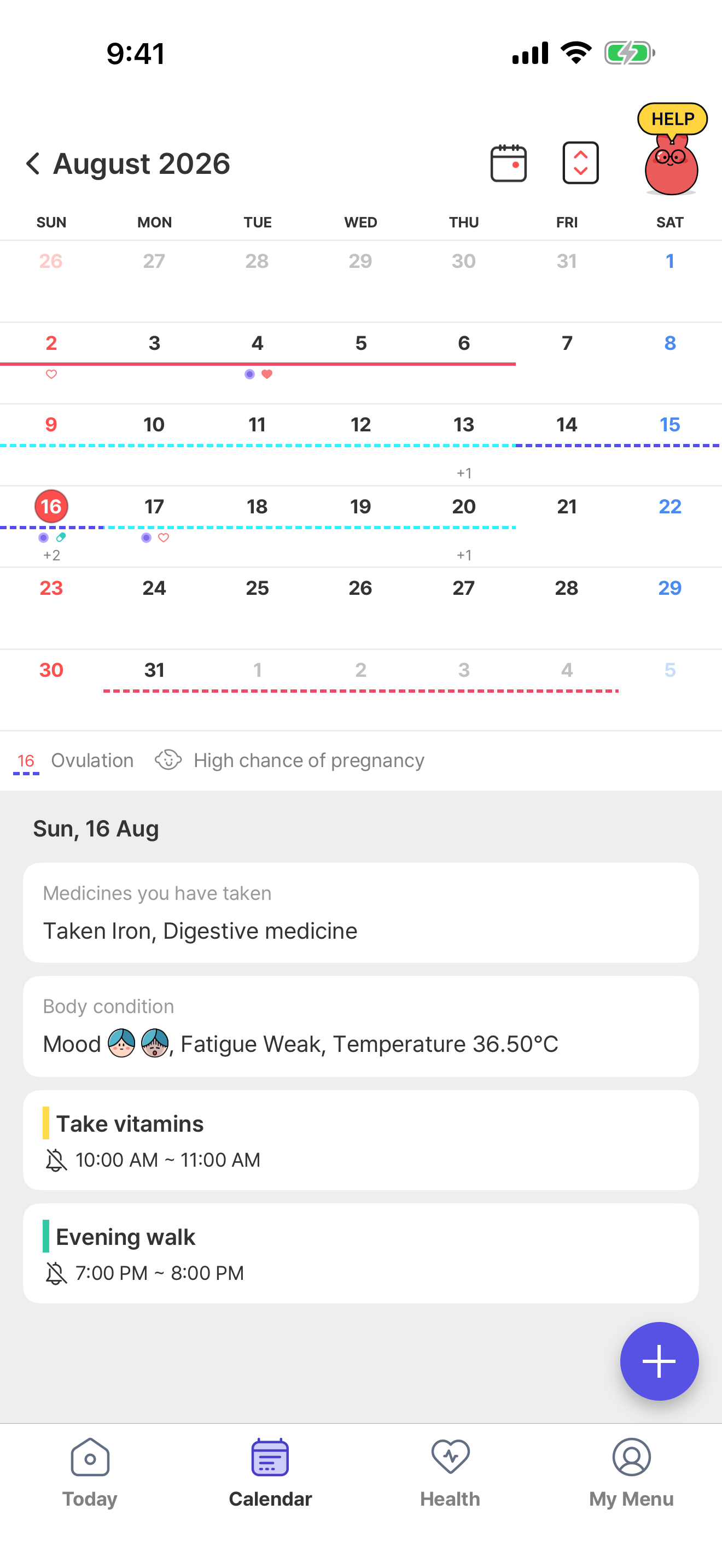 Calendar with a selected date and the + button in the lower-right corner