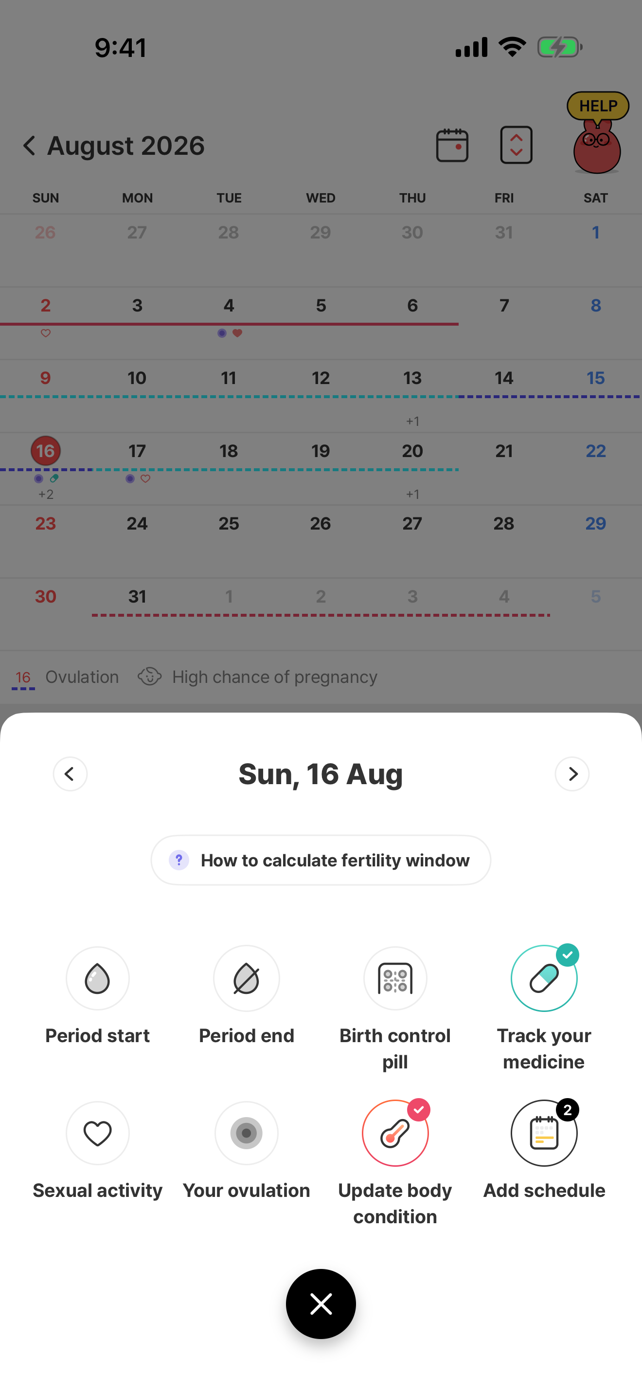 Record menu showing Period start and Period end