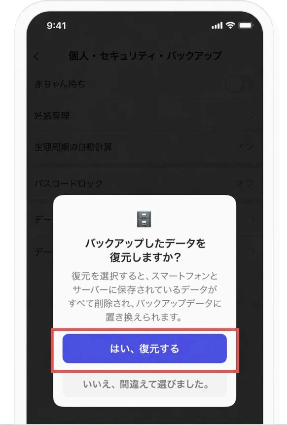 iOS データの復元の手順6の画面